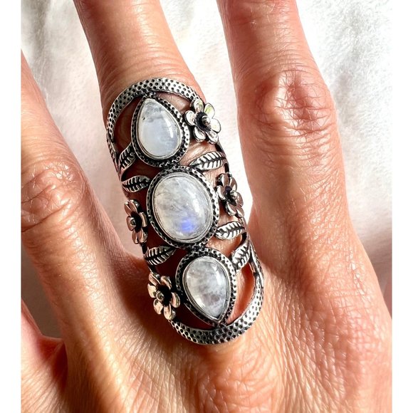 925 Flower Child Rainbow Flash Moonstone Ring 6 7 8 9 10 - Picture 5 of 11